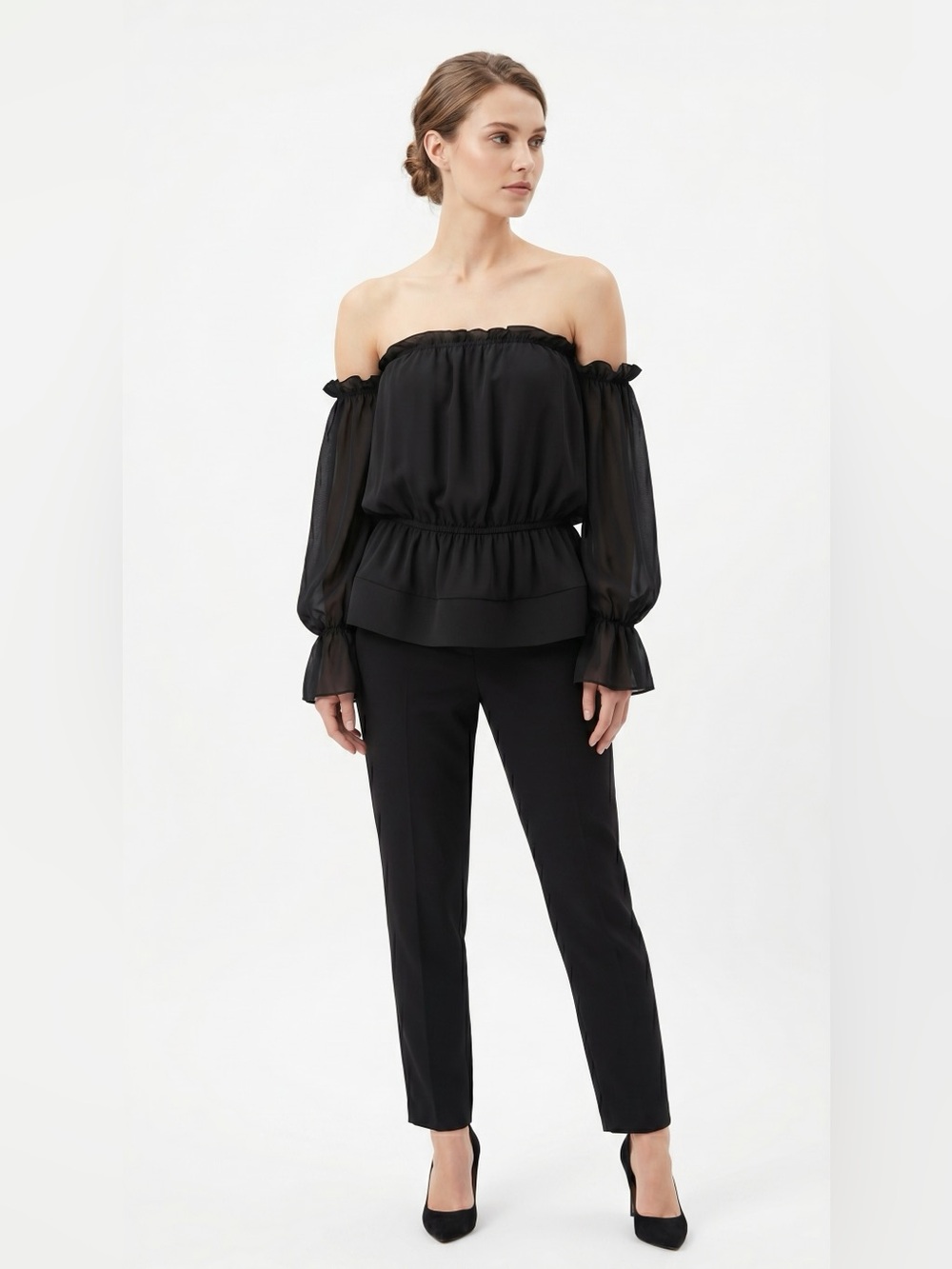 Off-the-Shoulder Black Sheer Sleeve Blouse